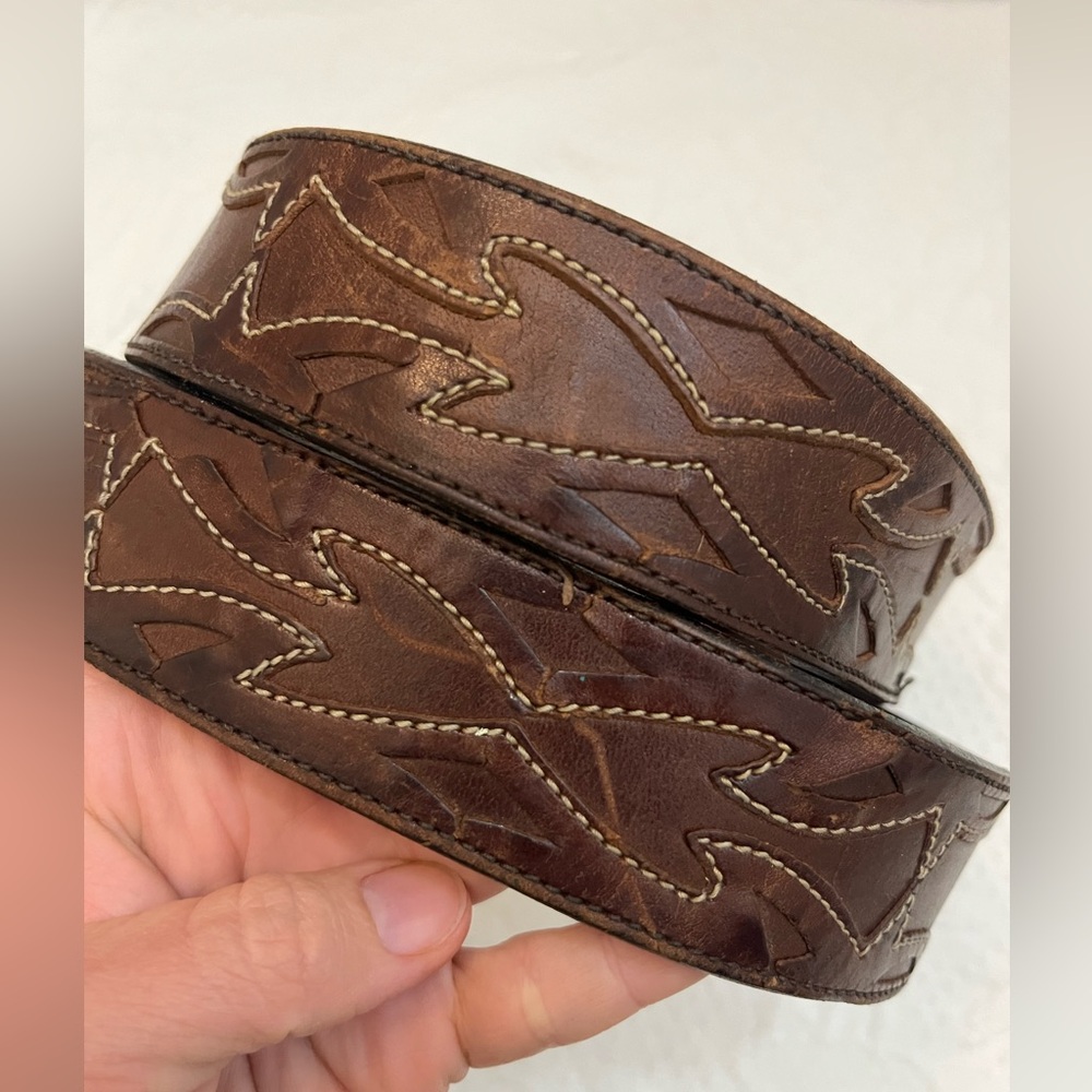 Vintage brown leather belt silver colored hardware appliqué leather details